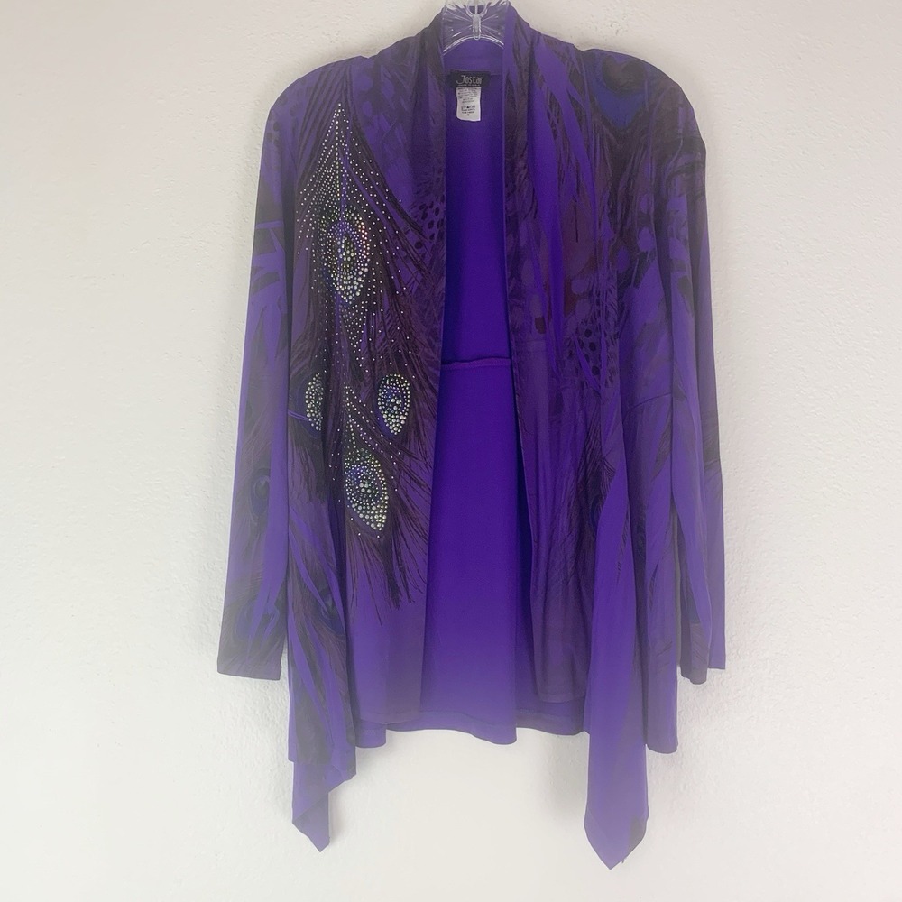 Vtg Jostar Womens Peacock Print Studded Casual Open-Front Cardigan Purple Medium